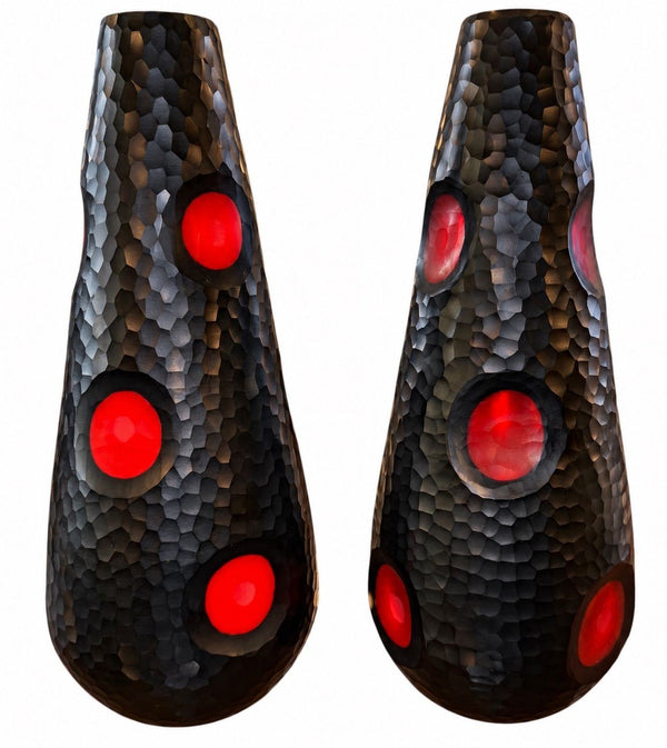 Pair Murano Battuto Glass Vases in Black & Vermillion. Italy, Late 20th Century.