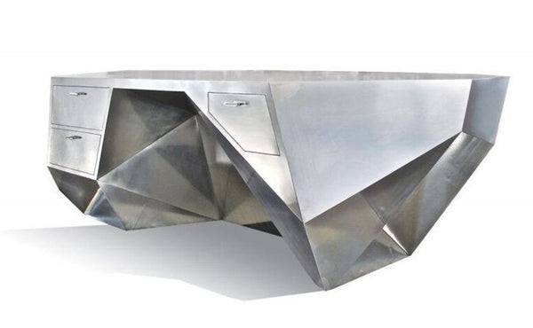 Minimalist “Popova” Desk in Brushed Stainless Steel with Mahogany Drawers. U.S.A
