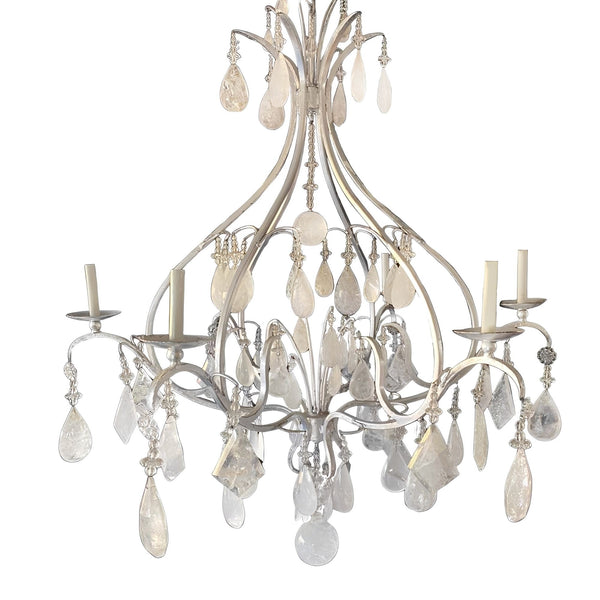 Large Silver Leaf Wrought Iron & Rock Crystal 6-Light Chandelier, 20th Century.