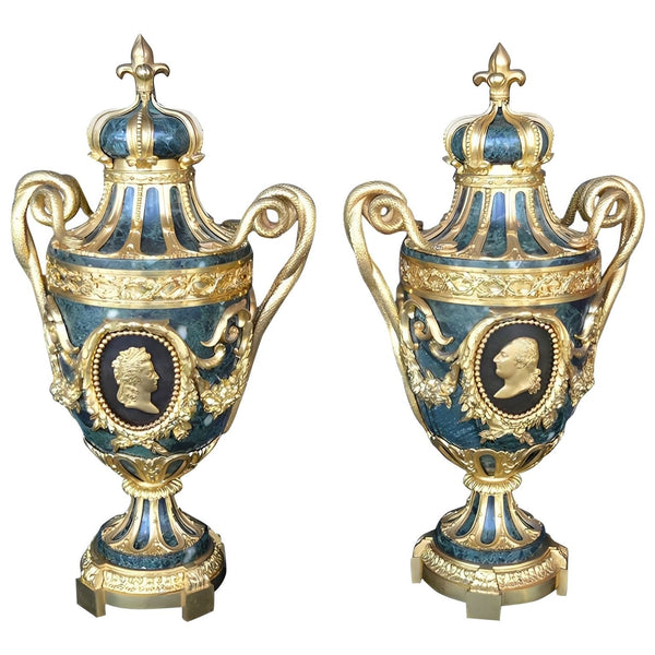 Pair of French Late 19th Century Bronze and Green Marble Urns
