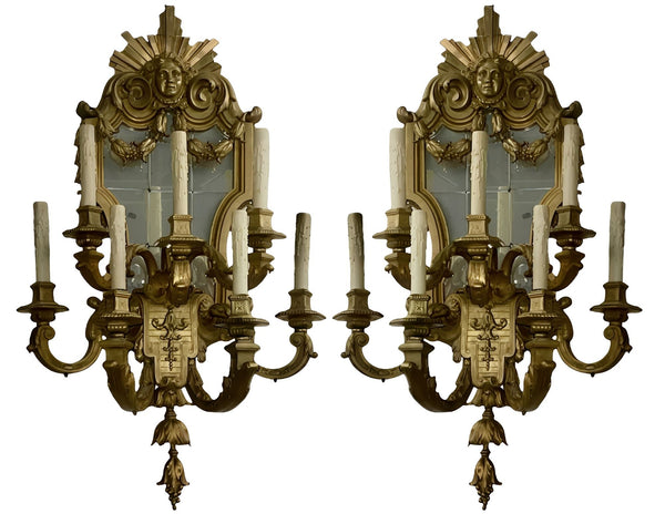 Late 19th Century Pair of French Gilt Bronze Mirrored Wall Sconces Regency Style