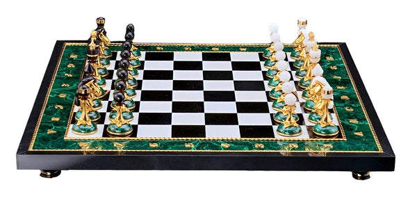 20th Century Russian Dolerite, Malachite & Kascholong Opal Chess Set.