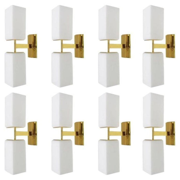 Set of Eight Modern Frosted White Murano Glass & Brass Sconces. Italy, 1990's.