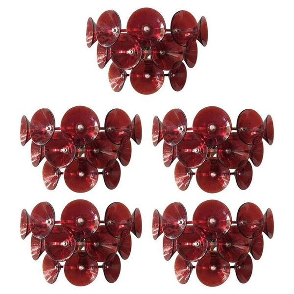 Set of Five Red Murano Glass Sconces Designed by Vistosi, Italy, 1980's.