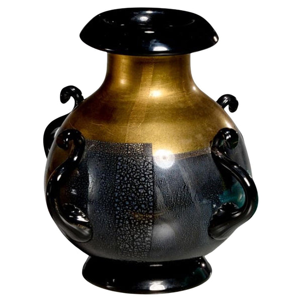 Vintage Italian Black & Gold Murano Glass Amphora Vase