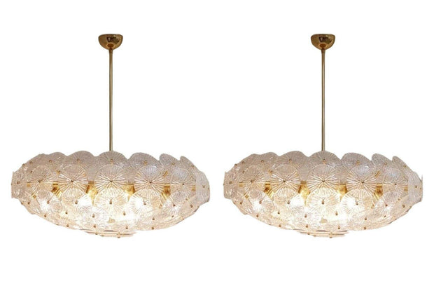 Oversized Pair of Loto Murano Glass & Brass Chandeliers. Italy, 1970's.