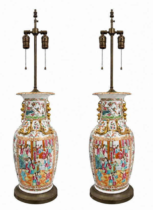 Pair of Late 19th Century Chinese Canton Rose Medallion Lamps