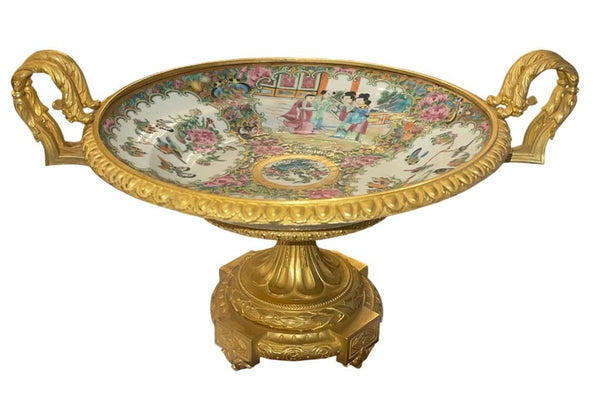Late 19th C. French Gilt Bronze Mounted Chinese Famille Rose Centerpiece Tazza