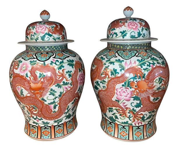 Early 20th C. Pair of Chinese Qianlong Style Porcelain Jars w/ Dragon Motifs