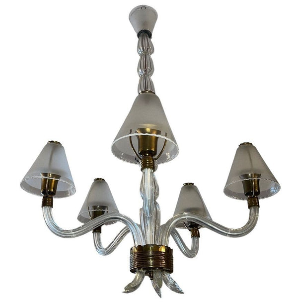 Ercole Barovier Murano Glass Five-Arm Chandelier w Frosted Shades. Italy, 1940's