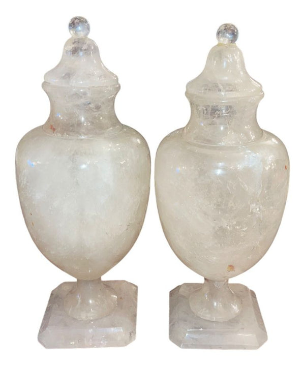 Mid 20th Century Pair of Italian Rock Crystal Lidded Urns