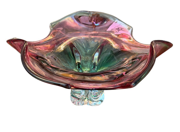 Murano Glass Footed Bowl Emerald Green, Pink & Clear, Italy, Late 20th Century