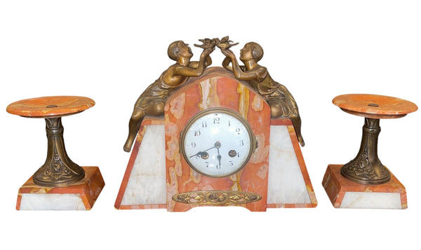 French Marble & Spelter Clock Garniture, Japy Frères, 19th Century.