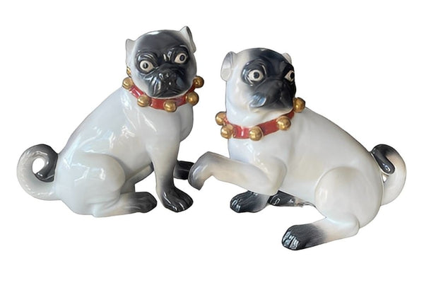 Pair of Large English Porcelain Pug Dog Figures, Early 20th Century
