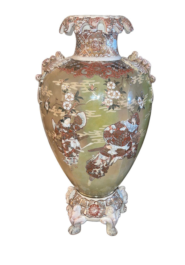 Large Antique Japanese Satsuma Earthenware Floor Vase Meiji Style, Early 20th C.