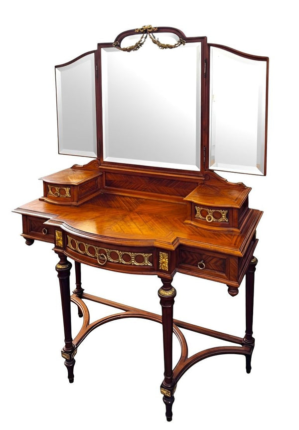 Early 20th Century French Louis XVI Style Triple Mirror Vanity w/ Bronze Mounts.