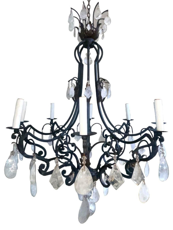 Large Wrought Iron Chandelier with Rock Crystal Drops & Prisms, Italy, 20th C.