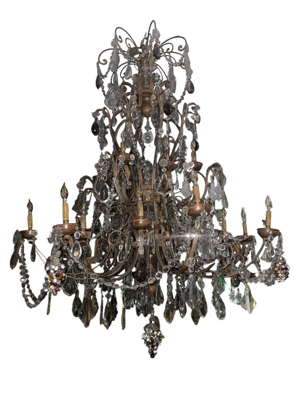 Monumental Venetian Wrought Iron, Wood & Crystal Chandelier Early 19th Century