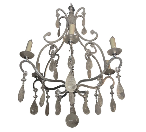 Italian Silvered Wrought Iron and Rock Crystal Chandelier. 1950's.