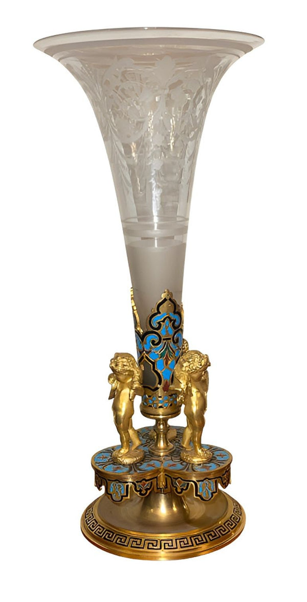 Late 19th Century French Champlevé Enamel and Gilt Bronze Mounted Glass Vase