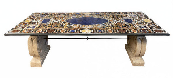 Massive Italian Pietra Dura Dining Table with Stone Bases, c. 1980s