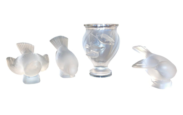 Set of Four Lalique Frosted Crystal Pieces Rosine Vase & Sparrows. Late 20th C.