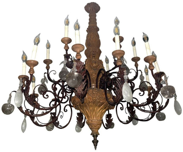 French Provincial Rock Crystal, Wrought Iron & Wood Chandelier. 1940's.