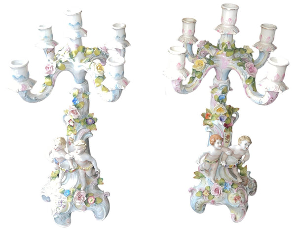 Pair of Meissen Style Porcelain Five-Arm Candelabras. Germany, 20th century.