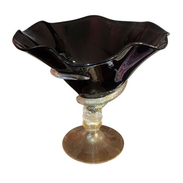 Dark Amethyst Murano Glass & Gold Fleck Glass Compote. Signed by Camozzo.
