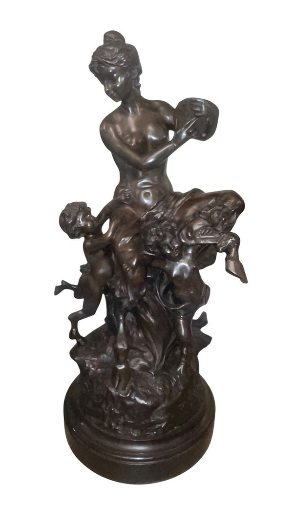 Large 18th Century French Clodion Bronze Bacchic Group w/ Satyr & Putti.