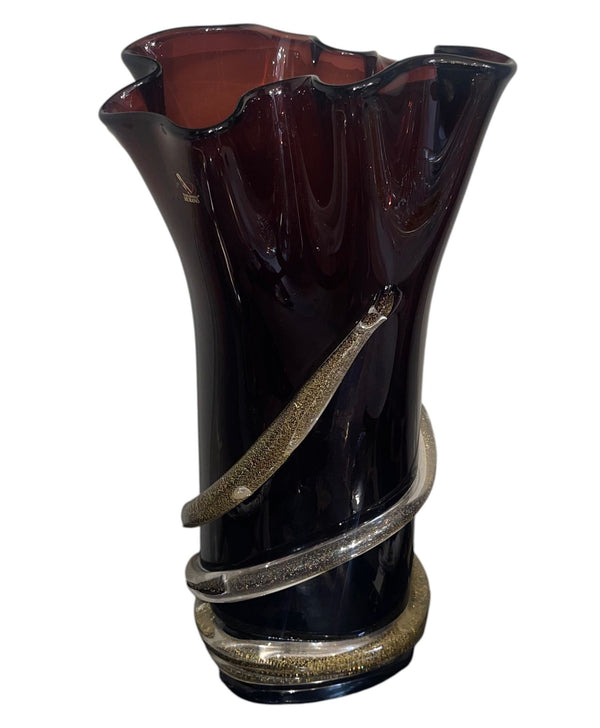 Signed Camozzo Dark Amethyst & Gold Fleck Murano Glass Vase. Italy, Late 20th C.