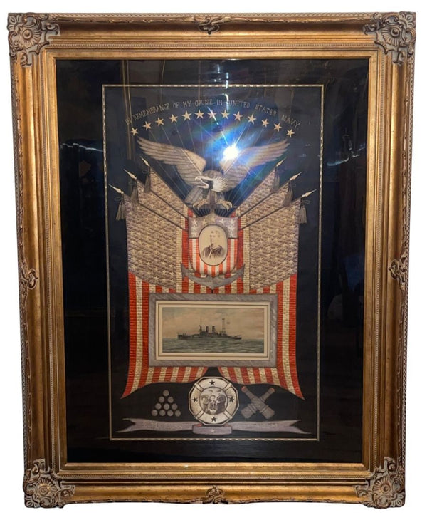Oversized 1910 American Naval Silk Embroidered Souvenir Tapestry