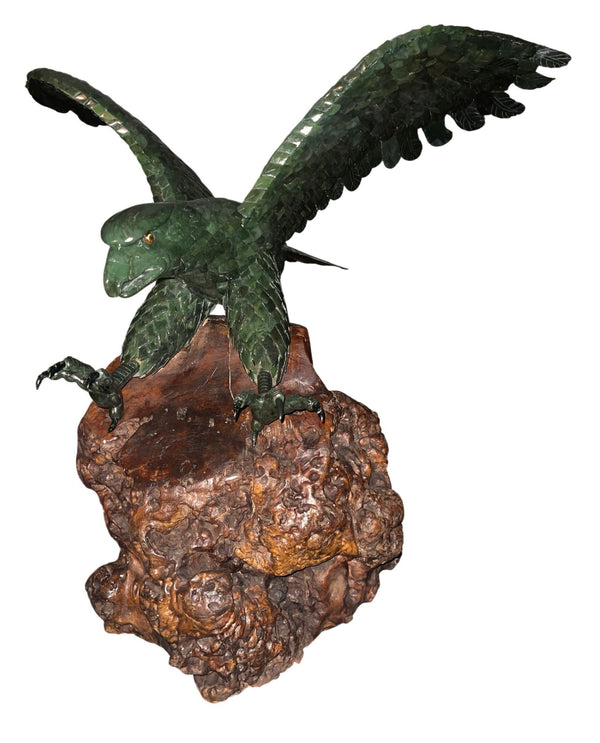Monumental 20th century Chinese Spinach Jade Carved Eagle on Naturalistic Base