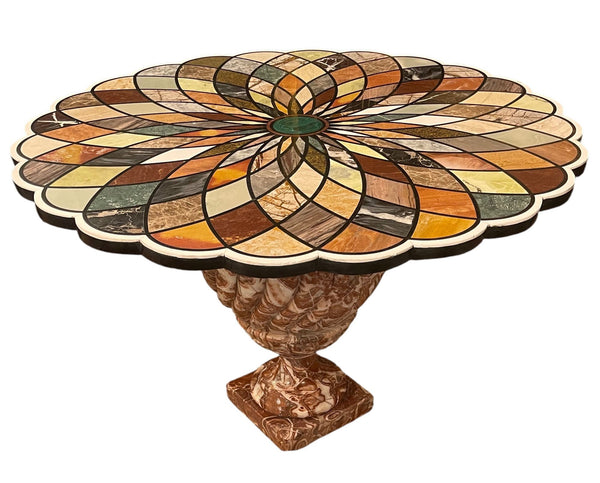 Early 20th C. Italian Pietra Dura Geometric Flower Center Table w/ Marble Base