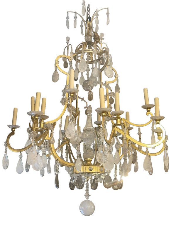 Glamorous Italian 22K Gold Leaf & Rock Crystal Chandelier. 20th Century.