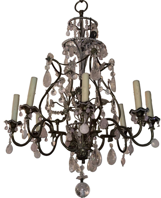 Maison Baguès Rock Crystal & Rose Quartz Chandelier, France, 1940's