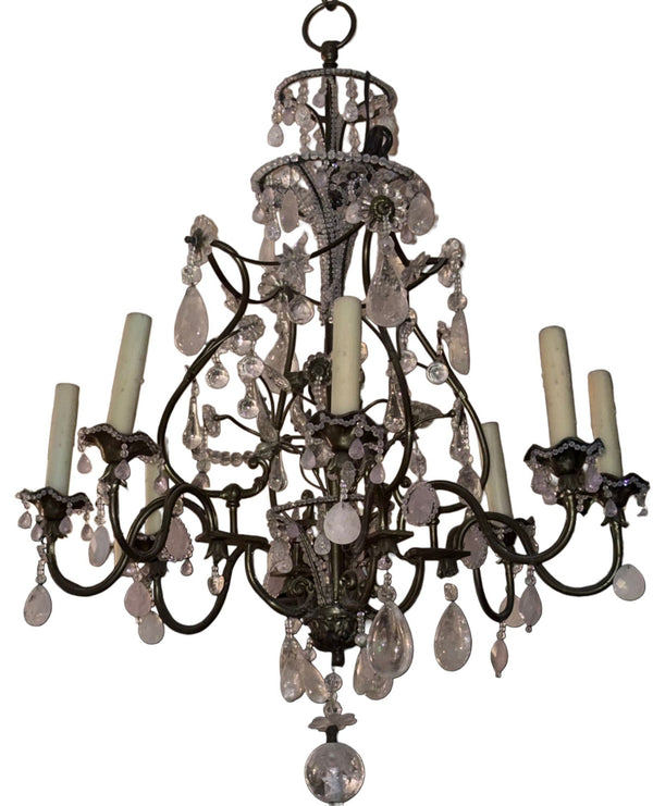 Maison Baguès Rock Crystal & Rose Quartz Chandelier, France, 1940's