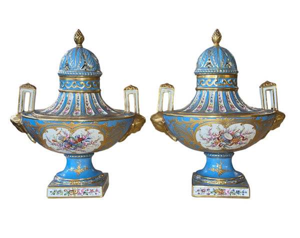 Pair of Sèvres Style Celestial Blue Porcelain Urns. Early 20th Century, France.