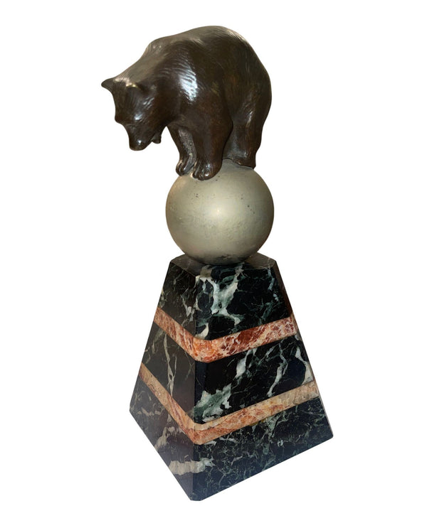 French Art Deco Bronze Bear Sculpture on Marble Base, 1920's.