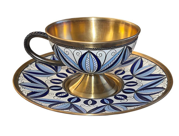 Soviet Russian 916 Silver Gilt Enamel Cup & Saucer, Leningrad. Mid-20th Century.