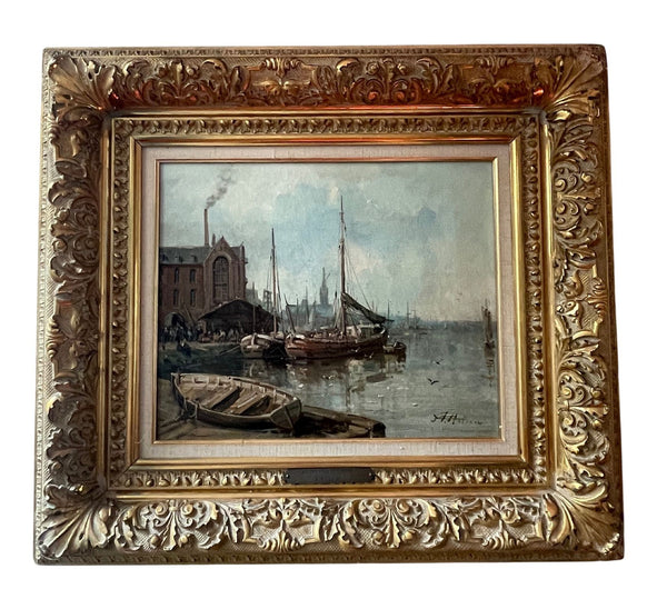 A. Masson “Anvers from the River” Oil Painting. 19th Century, France.