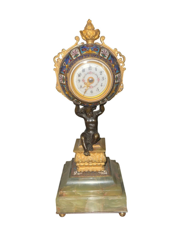 19th Century French Champlevé Enamel Figural Mantel Clock