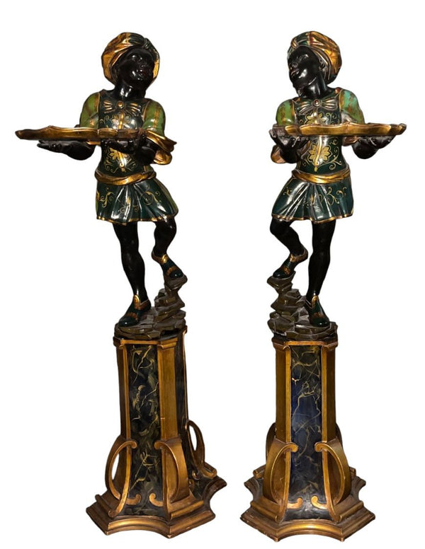 Early 20th Century Italian Pair of Polychrome Blackamoor Carved Wood Figures