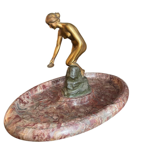 Late 19th Century Rudolfi Bronze Nude on Marble Fountain Form Tray. Germany.