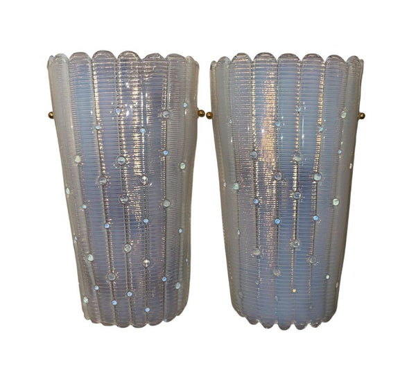 Pair 1980s Italian Opalescent Murano Fazzoletto Glass Wall Sconces
