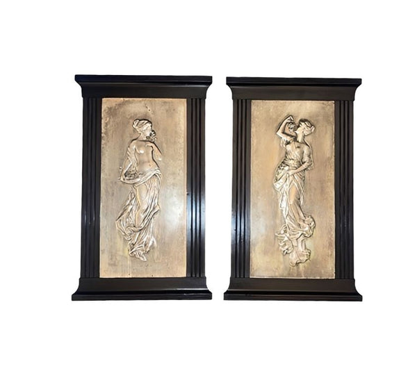Late 19th Century Pair of Italian Silver Plate Relief Plaques Classical Maidens