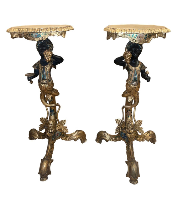 Pair of Mid-19th Century Italian Polychrome & Gilt Blackamoor Pedestal Tables