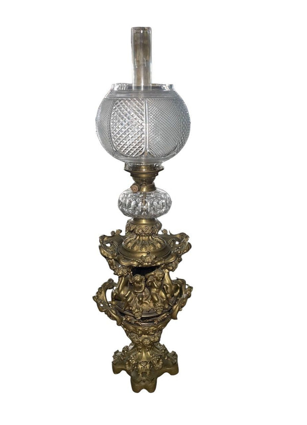 Large Italian Bronze Oil Lamp Electrified Cut Glass Cherub Base