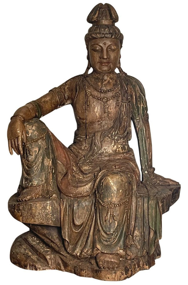 Monumental Chinese Song Dynasty Style Carved Wood & Polychrome Guanyin. 19th C.