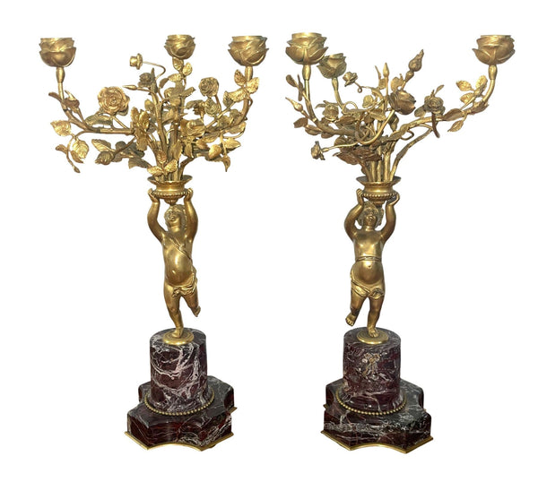 Pair of 19th Century Gilt Bronze Figural Putti Candelabras on Marble Base